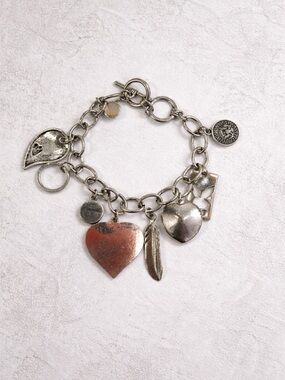 CLEARANCE 😍 Silver Heart & Feather Charm Link Toggle Bracelet - Women Jewelry